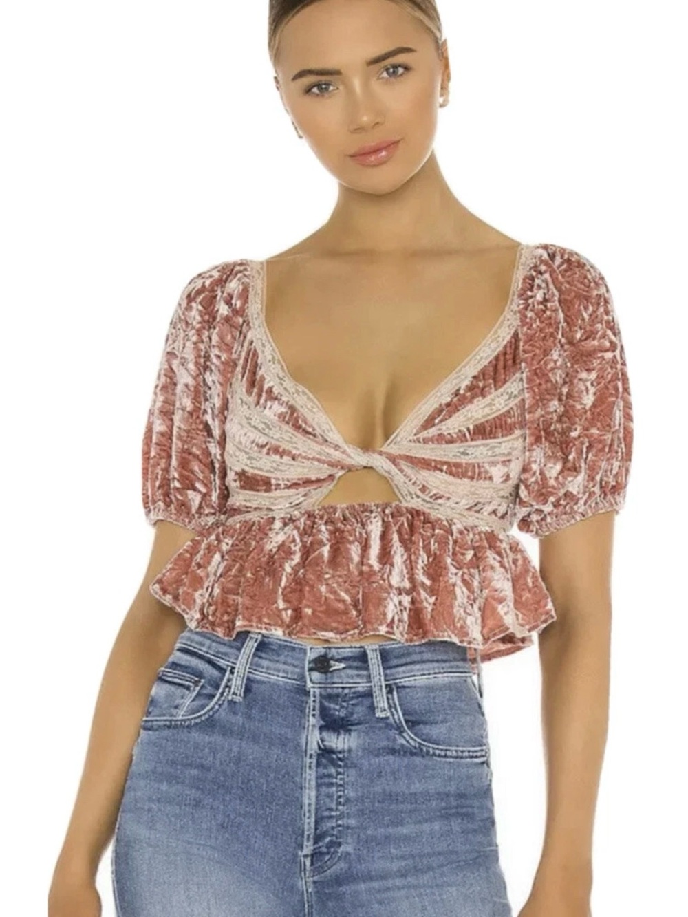 Free People Yours Truly Maeve Pink Velvet Tie-Front Peplum Crop Top Size S/P NWT